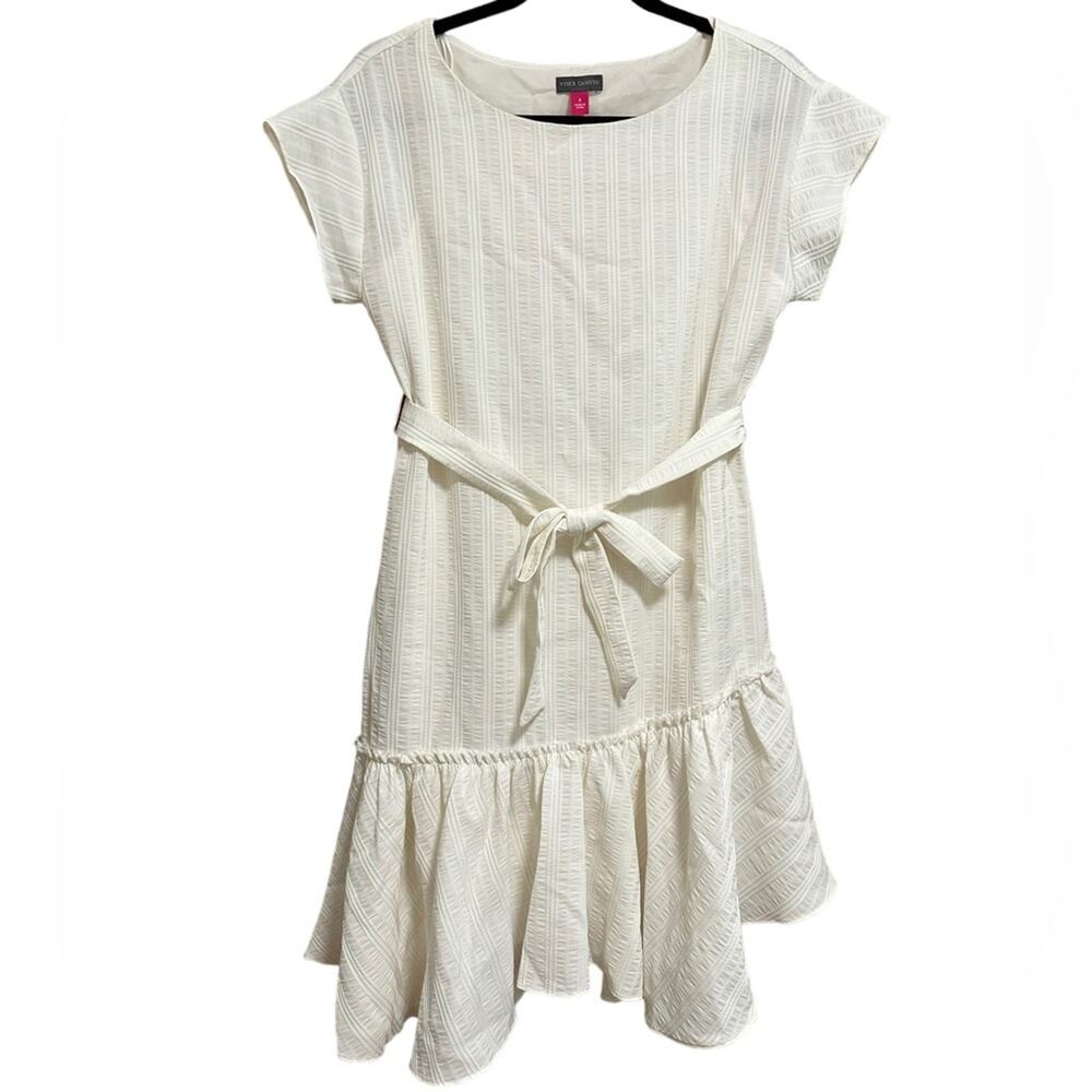 Vince Camuto Ivory Daybreak Asymmetrical Drop Hem Short Sleeve Dress With Belt